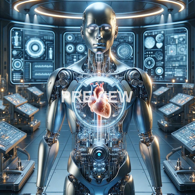 A humanoid robot with a metallic body and a human-like face stands in a high-tech laboratory, with a glowing human heart inside a transparent circular chamber on its chest, surrounded by advanced screens and machinery.